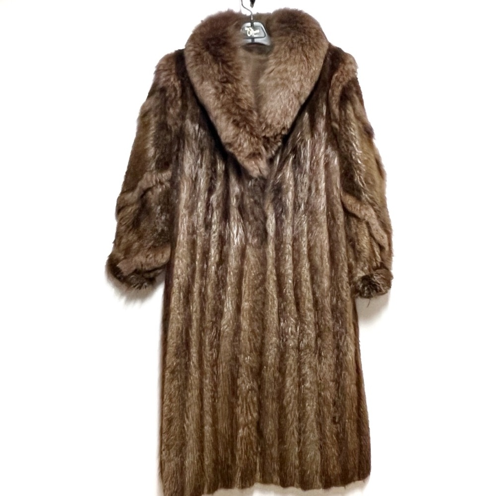 Classic long-haired beaver fur jacket with fox tuxedo trim Maxi Length Sz 12